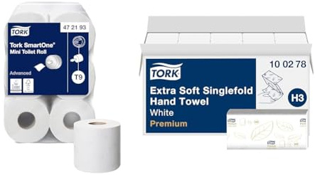Tork SmartOne Mini Toilet Roll White T9, Advanced, 2-Ply, 12 x 620 Sheets, 472193 & Extra Soft Singlefold Hand Towels White H3, Premium, Embossed, 15 x 200 Sheets, 100278