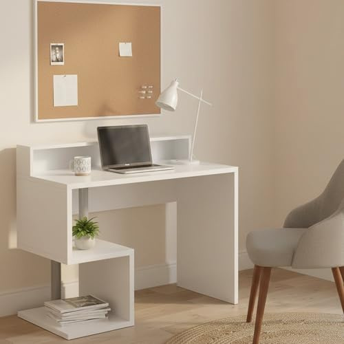 Dmora - Schreibtisch Silvio, linearer Schreibtisch mit Ablagefächern, Mehrzweck-Büroschreibtisch mit Platte, 100x50h93 cm, Weiß