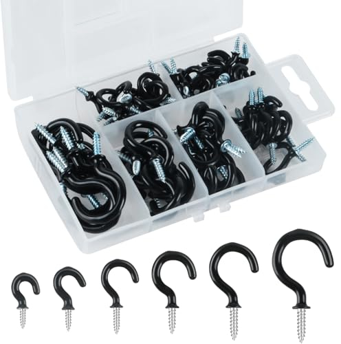 LinJunnz 70 Stück Schraubhaken Schwarz, 6 Größen Deckenhaken Haken Zum Schrauben, Haken Decke, Hakenschrauben, Mit Schutzhülle Aus Kunststoff (Schwarz)