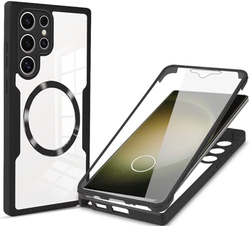 YANJIEER ESONG Magnetic Clear Case for Samsung Galaxy S22 Ultra,Phone Cover Compatible with Magsafe,Built-in Screen Protector,Camera Lens Protection,360 Full Body Shockproof Bumper Stylish Case Black