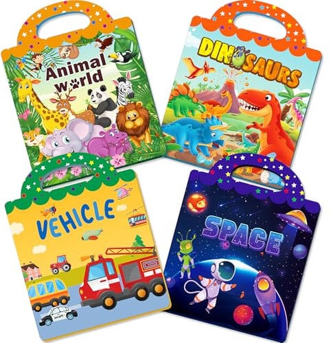 Ophy Stickerbuch ab 2 Jahr - Sticker kinder 4 Stück Sticker Set Dinosaurier Tiere Weltraum Fahrzeug 3D Wiederverwendbare Sticker Sensorisches Lernspielzeug Kinder Geschenk Spielzeug All-Season