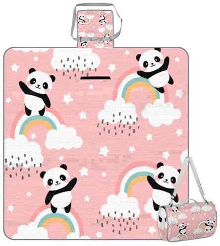 Mularoka Panda Picknickdecke, Regenbogen-Stern, wasserdicht, sanddicht, faltbar, Stranddecke, 150 x 145 cm, extra groß, tragbar, waschbar, Outdoor-Matte für Camping, Park, Gras, Wandern, Reisen