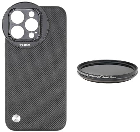 FocusFoto Custodia per iPhone 15 Pro Max, integrata con adattatore per filtro filettato da 58 mm, con kit filtro ND variabile ND2-ND400 da 58 mm (nero)
