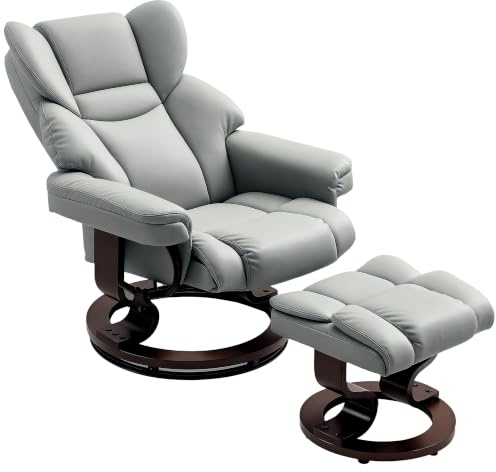 HOMCOM 360° Swivel Recliner Chair with Footstool PU Leather Light Grey | Manual Recliner Armchair, Solid Wood Base, Upholstered, Living Room, Bedroom, Office