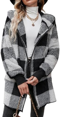 Veste Femme Chic et Elegant Hiver Chaude Nior Carreaux Polaire Oversize Sherpa Zippé Longue Manteau à Capuche