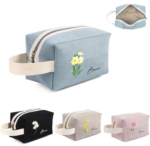 Kosmetiktasche für Frauen Personalisierte Große Schminktasche Mit Namens Geburtstagsblumen Gravur Kosmetikkoffer Reißverschluss Waschtasche (C)
