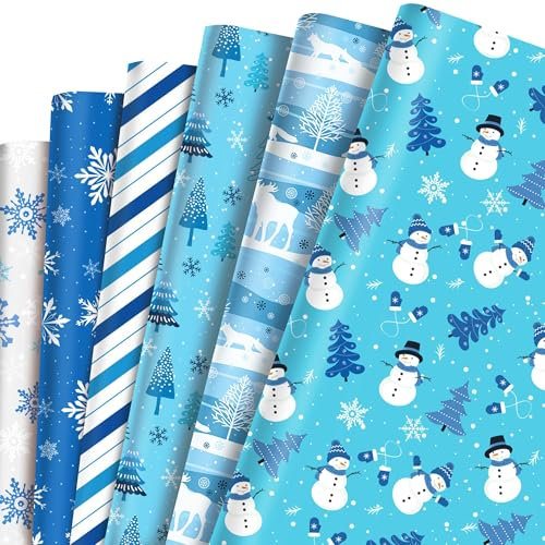 Emballage Cadeau Noël, 12 Feuilles Christmas, Rouleau Papier Cadeaux, Emballage Cadeau Noel (Bleu)