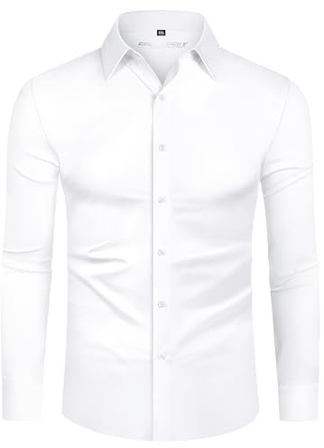 DEMEANOR Camisa para Hombre Elástica Manga Larga Informal, Corte Ajustado, Camisas de Negocios No Necesita Planchado, Blanco Real, M