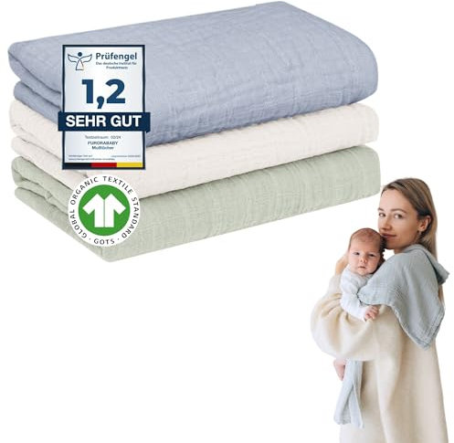 furora BABY Lange Bebe 80x80 cm, Mousseline (très Doux) en Coton Biologique (Oeko TEX 100 + GOTS) | Langes Coton bébé, Mousselines emmaillotage Bebe - Lavable à 60° (Vert + Essence)