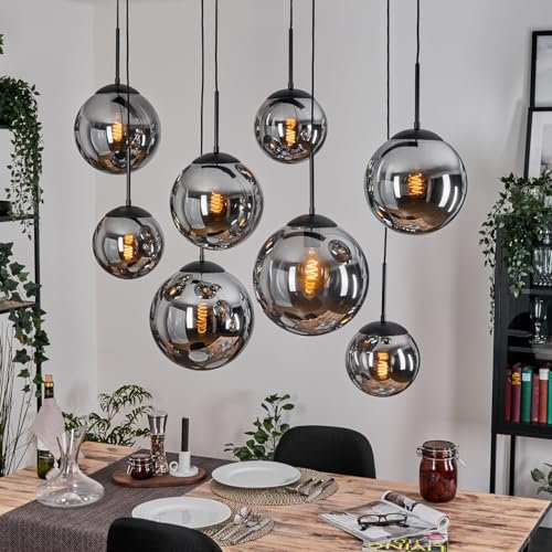 HOFSTEIN Hängeleuchte Gastor, 8-flammige Hängelampe aus Metall/Glas in Schwarz/Rauchfarben, Retro/Vintage-Design (Ø 20; 25; 30 cm), E27, Pendelleuchte max. 136 cm, Esszimmer, Wohnzimmer, Küche