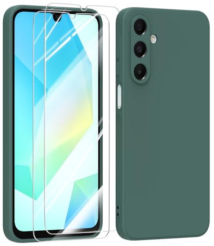 MIKULLE Funda para Samsung Galaxy A16 5G / 4G con Cristal Templado Protector de Pantalla,Ultra Slim Protectora Anti-Choques Carcasa de Silicona Líquida TPU Suave Case Cover - Verde Oscuro