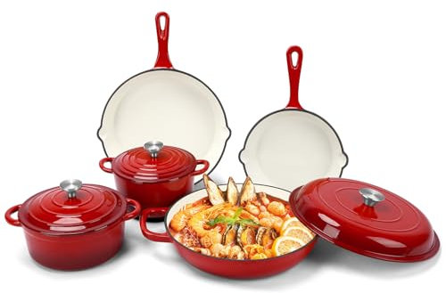 GFTIME Enamel Cast Iron Cookware Set – 8-Piece Non-Stick Casserole and Frying Pan Set with Lids, Dutch Oven, Skillet, Saucepan for All Hob Types, Ideal for Bread Baking, PFA Free, Red
