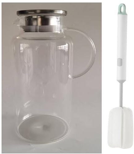 NiHome 68oz/2L Clear Glass Pitcher with Stainless Steel Lid for Iced Tea, Juice, Coffee, Sangria, Milk & More, Dishwasher Safe Heat-Resistant Borosilicate Glass Water Jug, Smooth Pouring and Straining