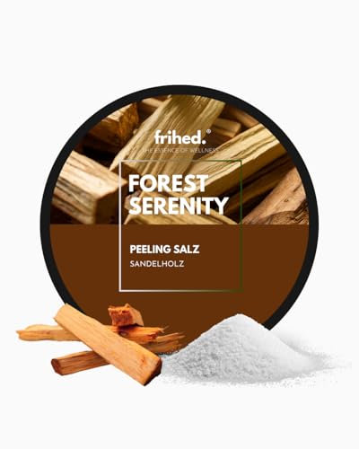 frihed.® Saunasalz Forest Serenity - Hochwertiges Peelingsalz mit Sandelholz Duft - Ideal nach Sauna, Dusche & Dampfbad - 200g
