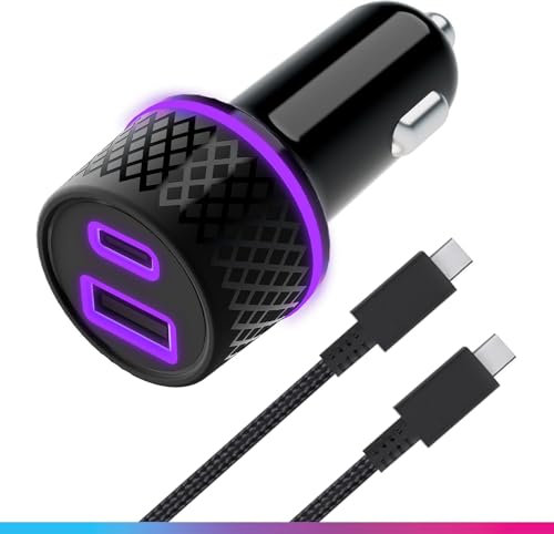 Oniverse Chargeur Voiture Switch 2, Switch, OLED, Lite, PC, Android - Adaptateur Allume Cigare 60W, Double Port USB-C USB-A, 1.5 Mètre, Charge Intelligente GaN, Câble tressé détachable USB-C Inclus