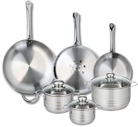 ELO 9886650 Batterie de cuisine 6 pièces, Ensemble de 3 Poêles de cuisson 24, 28 et 32 cm et 3 faitouts 14, 16 et 20 cm Elo Profi Brillant, inox, induction