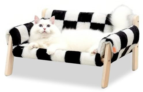 Caossuixin Cat Beds - 12cm Leg Wooden Raised Kitten Sofa Beds for Indoor, Radiator Bed Holds 20kg with Removable Washable Cover Bed for Puppy and Cat Couch, 22x18x11,Checkerboard