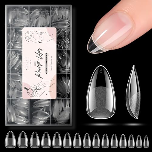 Makartt Kurze Almond Nageltips für Gelnägel, 510 Stück halbmatte Vorgebufferte Soft Gel Tips, kein Feilen nötig. Vollflächige Acryltips Langlebig, 15 Größen Perfekte Gel Nail Tips für Einfache