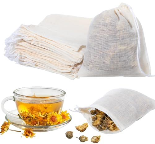 BOHUIZ 50 Stück Baumwoll Musselin Beutel, 10 * 8 cm Gewürzbeutel zum Mitkochen Wiederverwendbare Gewürzsäckchen Teebeutel mit Kordelzug für Tee Kaffee Filter Gewürze