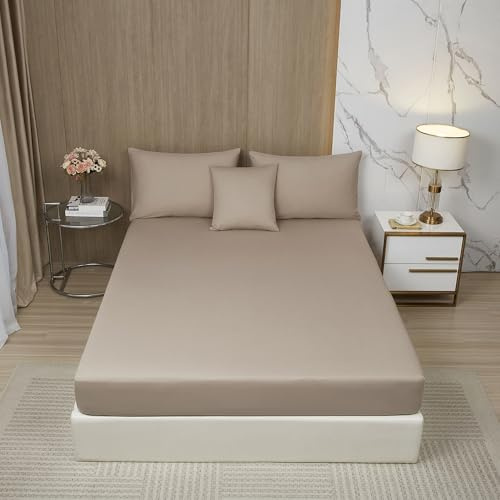 DXHOME Spannbettlaken 180x200 cm Baumwolle Spannbetttuch Khaki Taupe Uni Lyocell Seide Bettlaken Spannleintuch 180 x 200 Doppelbett Uni Leintuch für Hohe Matratze Hoher Steg bis 25-30 cm