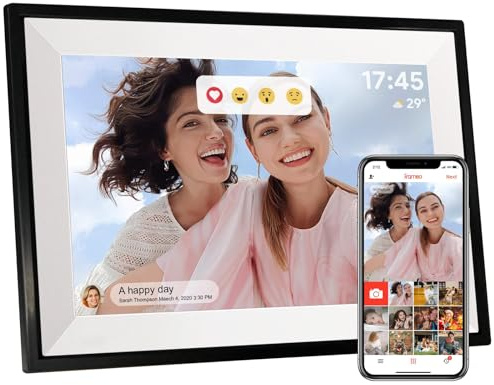 Frameo Cadre Photo Numérique WiFi 10,1 Pouces, Mémoire 32 Go, HD 1280x800 IPS Écran Tactile, Auto-Rotation Support Multilingue, Montage Mural, Partage de Photos Vidéos Via Frameo APP