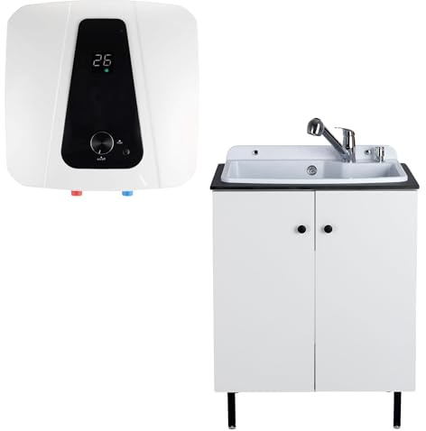 SIGO - Durchlauferhitzer Set, Elektronischer Kompakter Boiler mit Badezimmerschrank, Waschbeckenarmatur und Spender, Büro Werkstatt Ferienhaus Laden Dienstleistungsräume - 10L