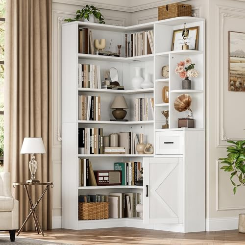 Garvee 74'' Tall Corner Bookshelf - 6-Tier Book Shelf with Drawer and Cabinets, l-Shaped Bookcase Open Storage Shelves Modern Display Shelf for Home, Office