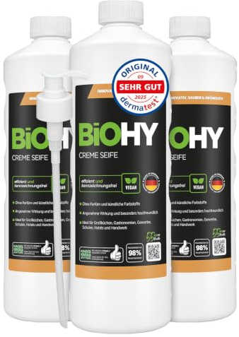 BiOHY Cream Soap (3 x 1 Litre) + Pump Dispenser | Skin-friendly, Moisturising & Odourless Hand Soap | Liquid Refill Pack with Plant Ingredients | Also Suitable for the Face