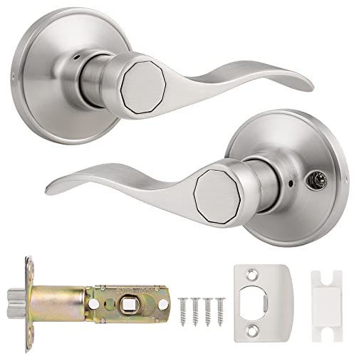 Probrico Stainless Steel Pair Lever Keyless Passage Door Lock, Satin Nickel Lockset Door Handle Knob Wave Style
