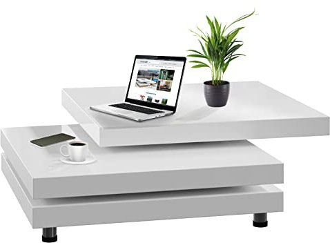 CASARIA® Mesa de Centro New York 72x72cm Blanca Mesita de Salón Diseño Moderno Tablero Giratorio 360°