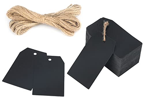 Geschenkanhänger Kraftpapier Anhänger Etiketten 7x4 cm, 100 Stück Tags und 20 Meter Juteschnur, für Basteln Weihnachts Hochzeits Geschenke (Schwarz)