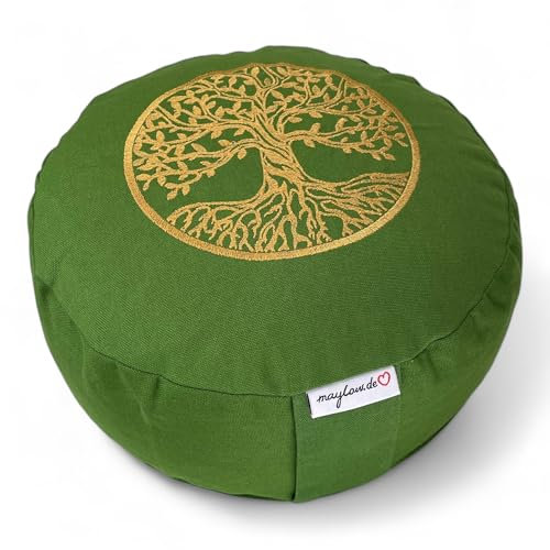 maylow Yoga mit Herz - Yogakissen Meditationskissen mit Stickerei Baum des Lebens 33x15 cm mit Bio-Dinkelspelz gefüllt - Bezug und Inlett 100% Baumwolle (Olive)