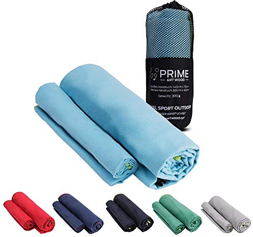 PRIME ART WOOD Mikrofaser Handtücher 2er Set Groß (200x100cm + 80x40cm), Schnelltrocknend, Saugstark, Super Weich, Reisehandtuch, Sporthandtuch, Badetuch (Türkis)