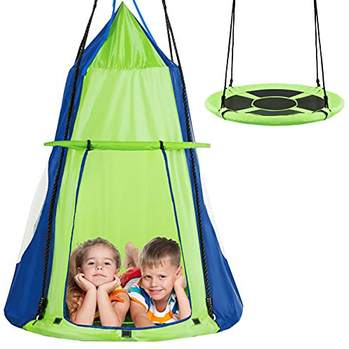 DREAMADE Balançoire Nid d'Oiseau Ø100CM avec Tente Amovible,Balançoire Extérieur Hauteur Réglable 100-180CM pour Enfants et Adultes,Siège Suspendu Charge 150KG pour Jardin,Salon,Caming(Vert)