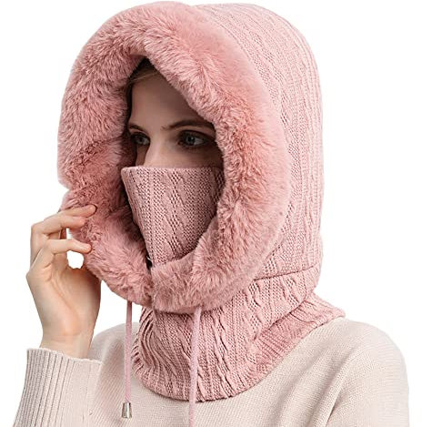 YAMEE Cagoule de ski pour femme avec capuche en polaire - Bonnet d'hiver avec cache-cou - Masque pour sports de plein air - Pour promener le chien, rose, taille unique