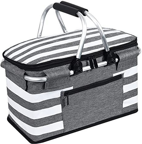 KEFOMOL Insulated Picnic Basket,Leak-Proof Collapsible Cooler Bag,26L Grocery Basket with Lid,2 Sturdy Handles,Storage Basket for Picnic,Food Delivery,Take Outs,Market Shopping,Travel (Gray)