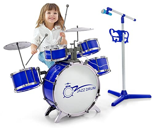 DREAMADE Kit de Batterie pour Enfants avec 5 Tambours, 2 Cymbales, Clavier à 8 Touches, Ensemble de Tambours de Jazz avec Microphone, Tabouret, Effets Lumineux, Cadeau pour Enfants 3+Ans (Bleu)