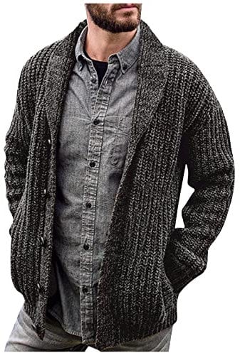 Cardigan Homme Confortable Slim Pas Cher Pull Homme Hiver Col Rabattu Bouton Tricot Pulls, Gilets et Sweats Homme Chaude Hiver Vintage Veste Pull Homme Laine Coupe-Vent Gris foncé 5XL