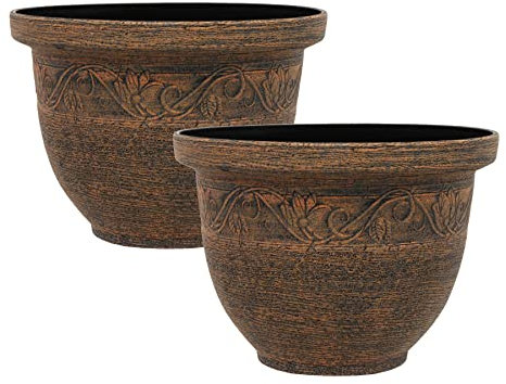 simpa Kingscliffe Rustic Effect Plastic Planter Pots - BRONZE, Set of 2 Pots - 26cm (H) x 36cm Diameter.
