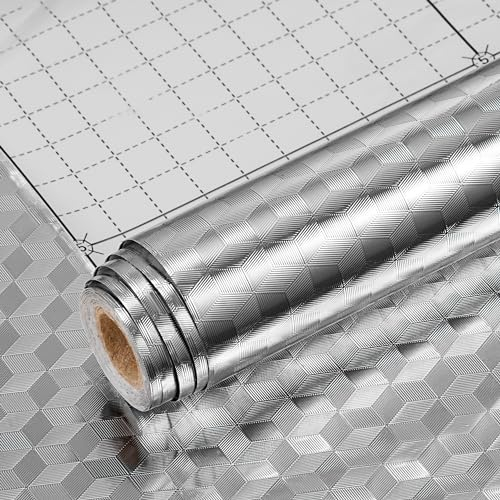 Newellsail Autocollant de Cuisine en Feuille Aluminium Résistant à L'huile Papier Peint Auto-Adhésif Autocollants Étanche Argenté pour Cuisinière de Cuisine Comptoir 40x300cm (Motif Rhomb)