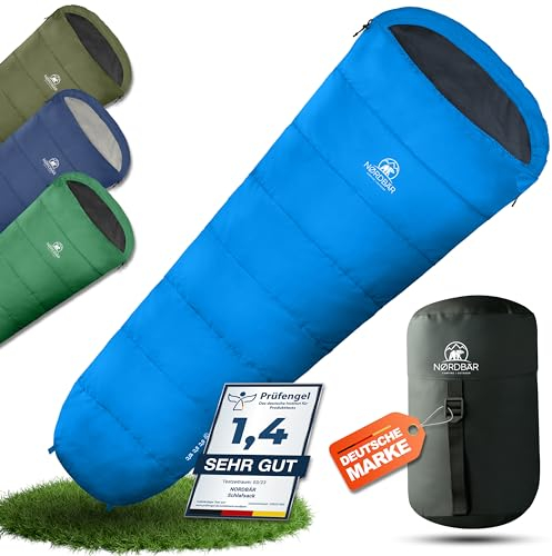 NORDBÄR® Schlafsack 3 Jahreszeiten & Sommer Ultraleicht [750g/1500g] | Camping Mumienschlafsack | kleines Packmaß [100GSM/300GMS] | Outdoor Reise Hüttenschlafsack| Sommerschlafsack