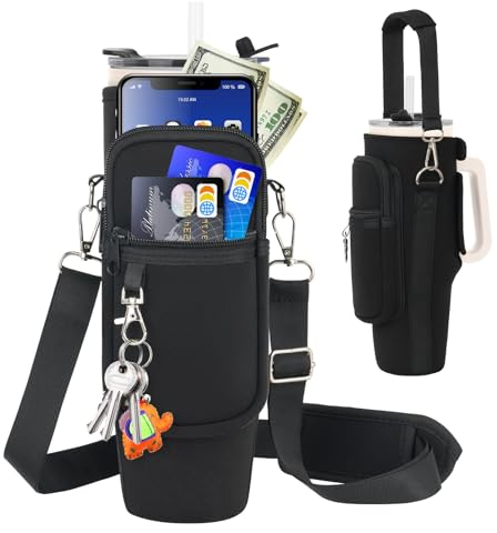 Water Bottle Carrier Bag with Phone Pocket Compatible for Stanley,Meoky 40 oz Tumbler with Handle,Neoprene Water Bottle Holder Pouch with Adjustable Strap Compatible for Stanley Cup Accessories