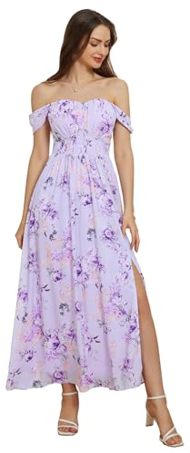 GRACE KARIN Vestido Elegante Mujer Hombros Descubiertos Vestidos De Fiesta Sin Mangas Verano Lila Flores XL