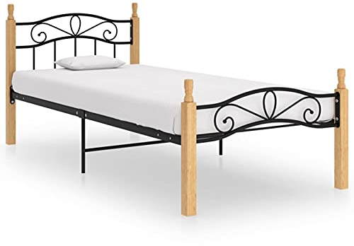 Gecheer Eichenholz Massiv Bettgestell Bett Metallbett Schlafzimmerbett Einzelbett Lattenrost Bettrahmen Schlafzimmermöbel Schwarz Metall 100x200cm