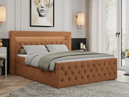 MKS MEBLE Boxspringbett 200x200 mit Led Orange, Bett Polsterbett 200x200 mit LED Kopfteil, Multipocket Matratze H4, Doppelbett mit Bettkasten Stauraumbett - Gold-9 - Orange Struktur