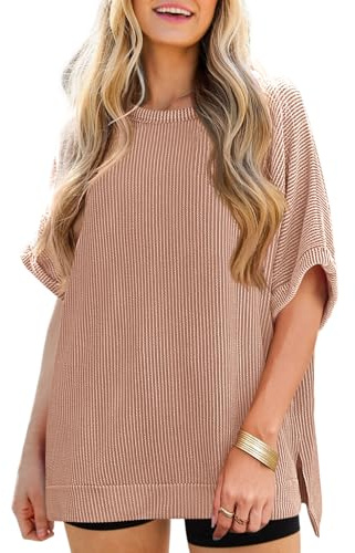 Tankaneo Womens Oversized T Shirts Summer Casual Loose Fit Ribbed Batwing Short Sleeve Tunic Tops Khaki