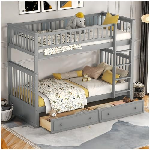 Sapgaks Lit superpose Enfant avec tiroirs, Se transforme en Deux Lits de 90x200cm,lit cabane Enfants,Lit Enfant 90x200cm,Gris