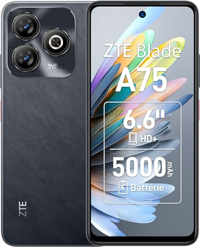 ZTE Blade A75, Smartphone ohne Vertrag mit 4GB+128GB Speicher, 50MP Kamera, 6,6 HD+Display mit 90Hz, 5000mAh Akku, simlockfreies Handy in Schwarz