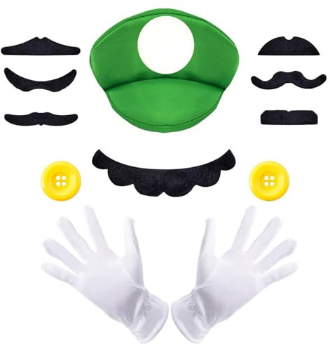 Wirhaut Lui-g Hüte, Grün Mütze, Kostüm Accessories mit Kappen Schnurrbärte Handschuhe Knöpfe, Halloween Karneval Cosplay Thema Party Kostüm für Kinder Erwachsene