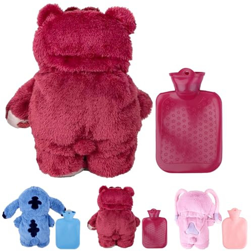 Fluffy Wärmflasche Cartoon Heißwasserflasche Rot für Kinder Abnehmbare und Waschbare Wärmflasche Naturkautschuk Weiches Plüsch Fluffy Geschenk für Kind Familie & Freund Winter
